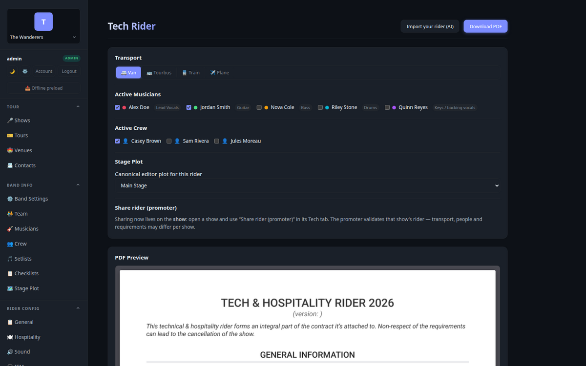 Bandz On Tour app — tech rider, stage plot and generated PDF preview